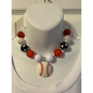 Baseball Chunky Bead Necklace with Heart and Toggle Clasp/16" long